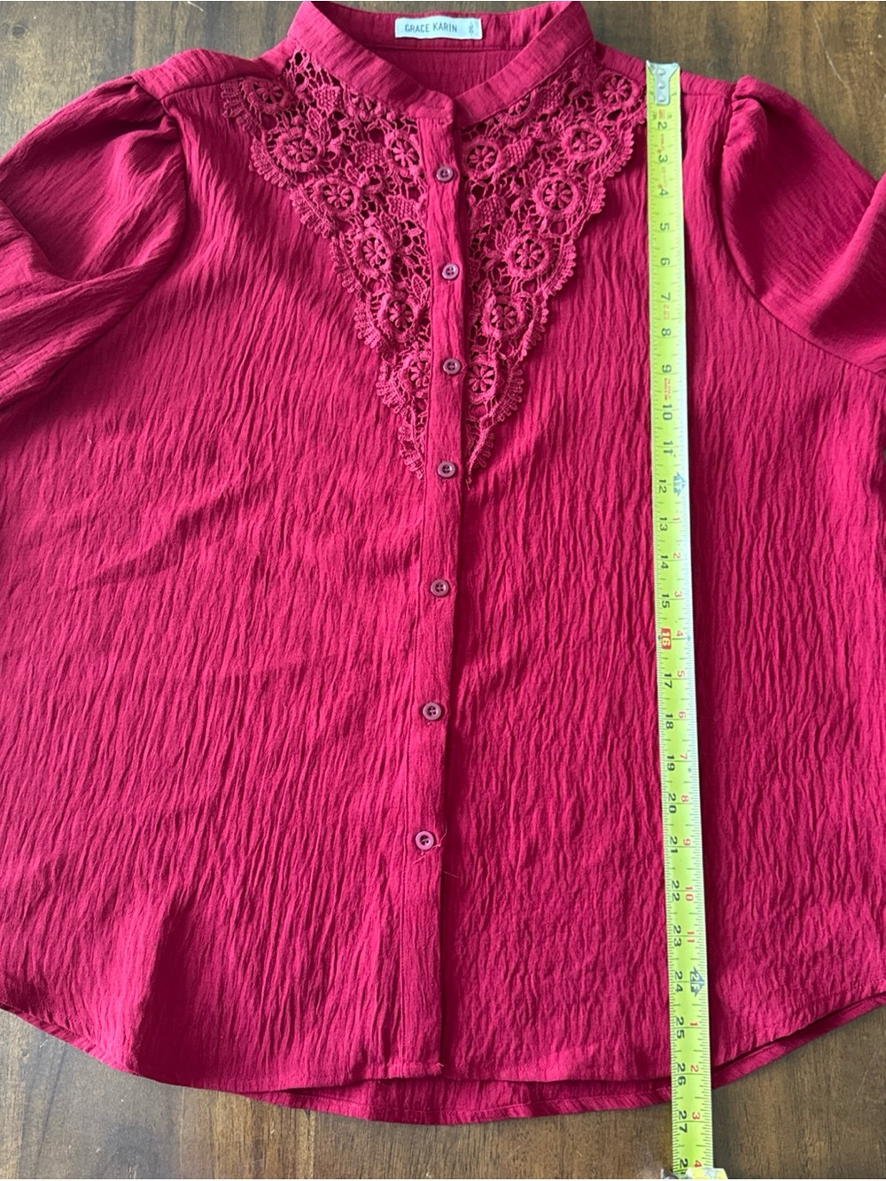 Grace Karin Womens Plus Red Long Puff Sleeve Lace Detail Blouse Shirt Top 2XL - Picture 11 of 13